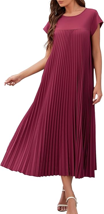 Rochie lungă Ginny pentru femei – plisată, decolteu rotund și buzunare, croială fluidă elegantă de vară