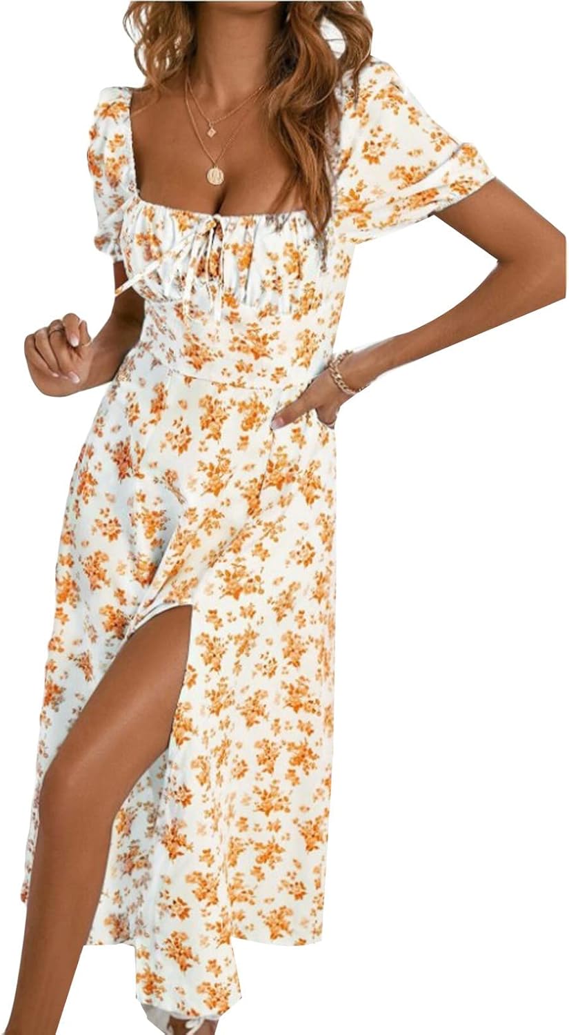 Vestido largo bohemio Sophie para mujer – vestido fluido con flores, cuello cuadrado y mangas cortas