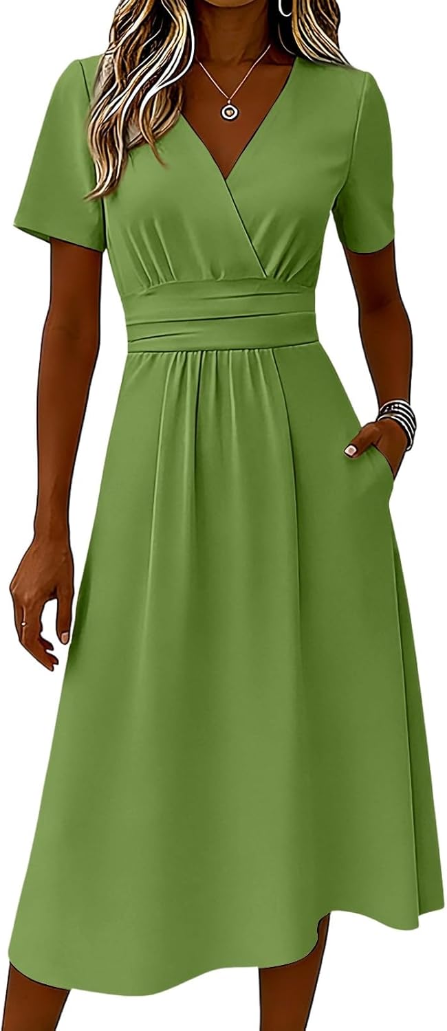 Clara Damenkleid – Midikleid mit V-Ausschnitt, kurzen Ärmeln, hoher Taille, elegante A-Linie