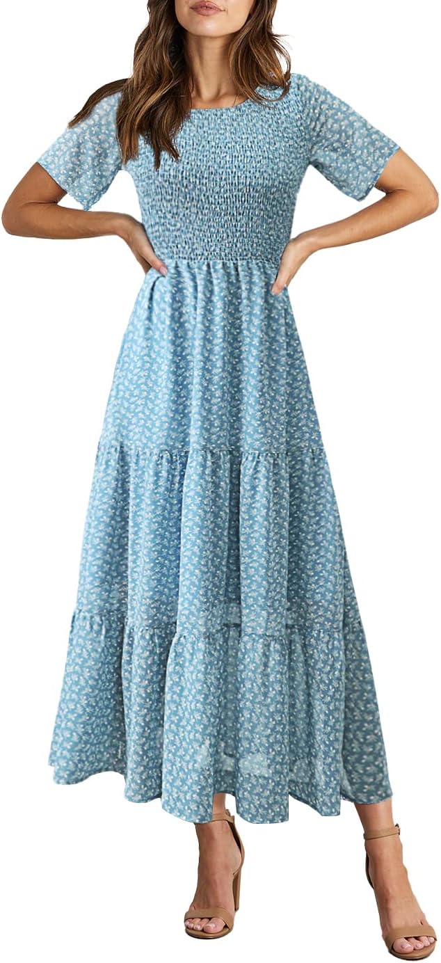 Élise Women's Maxi Dress – Bohemian Floral Smocked Ruffle Summer Elegant Dress