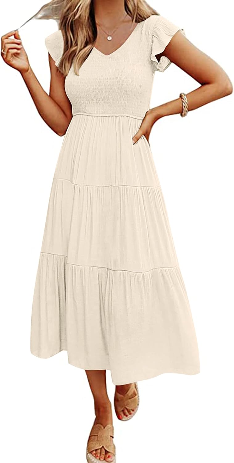 Clara Robe Midi Femme – Robe Été Col V Smockée Volants Avec Poches Élégante
