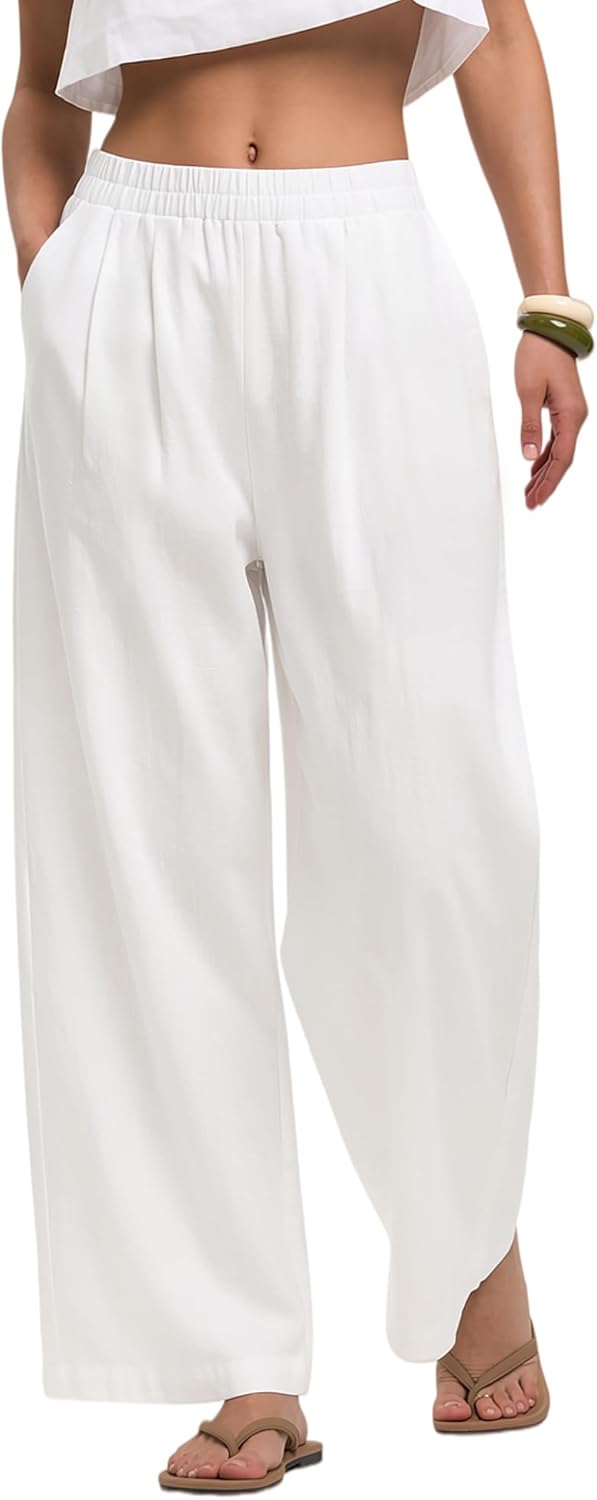 Edlyn Pantalón Mujer Lino Palazzo – Corte Amplio Fluido, Cintura Elástica Verano Chic