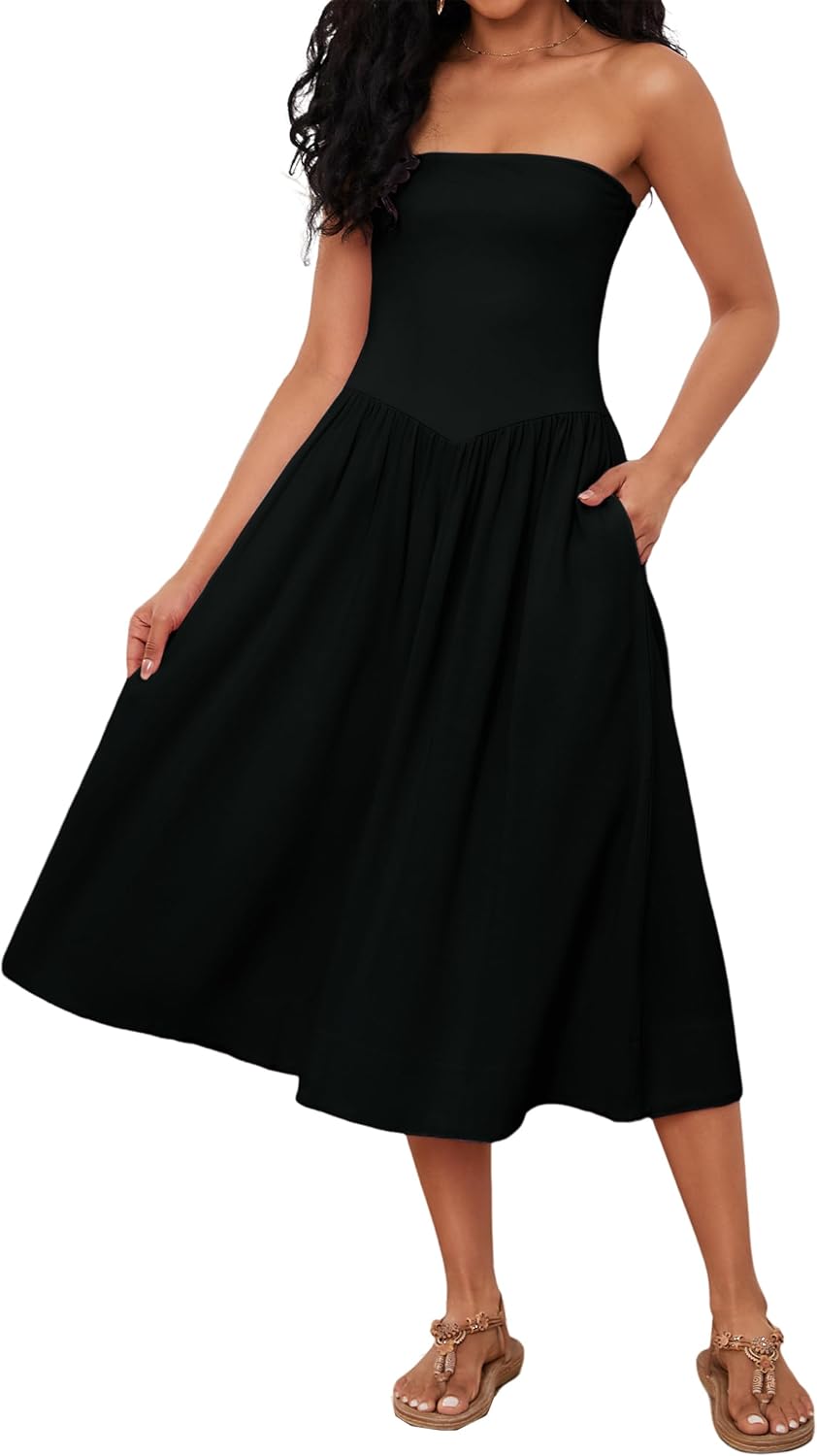 Lina Midi Dress for Women – Sleeveless Strapless Dress with Low Waist A-Line Chic Summer