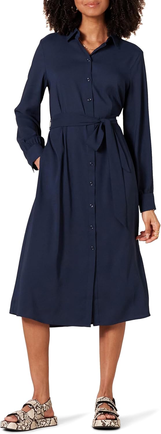 Sophie Vestito Camicia Donna Midi – Collo Classico, Maniche Lunghe, Cintura Elegante