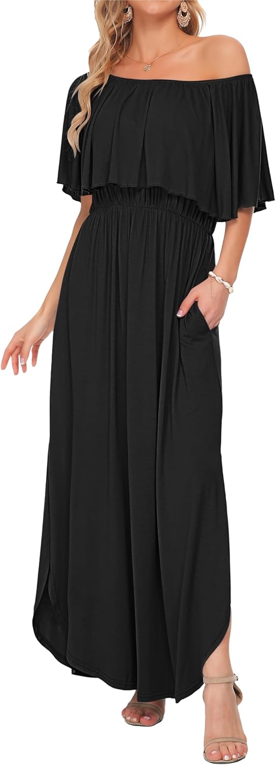 Odelie Robe Maxi Femme Été – Épaules Dénudées Volants & Poches