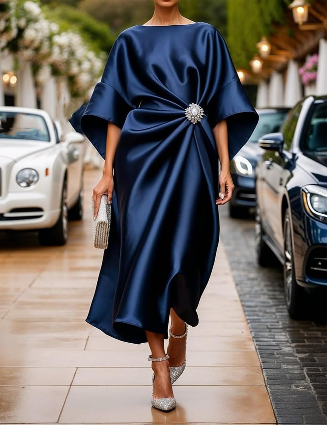 Victoria Robe Longue Satinée Femme – Robe Élégante à Manches Chauve-Souris et Taille Plissée
