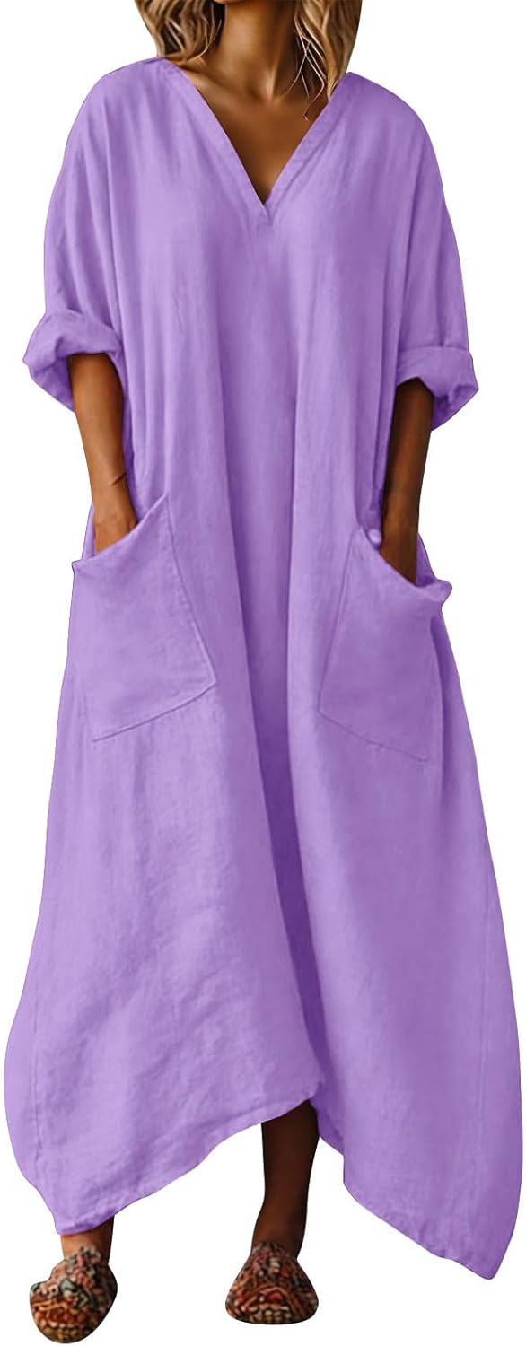 Mila Kleid Damen – Maxikleid Leinen V-Ausschnitt 3/4-Arm A-Linien-Schnitt Oversize Sommer
