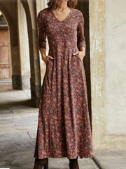 Camille vestido largo para mujer – vestido bohemio floral con escote en V y bolsillos