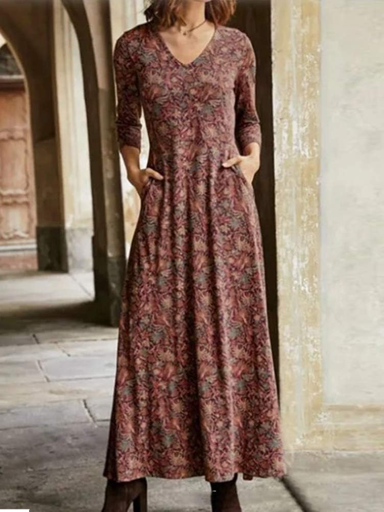 Camille vestido largo para mujer – vestido bohemio floral con escote en V y bolsillos