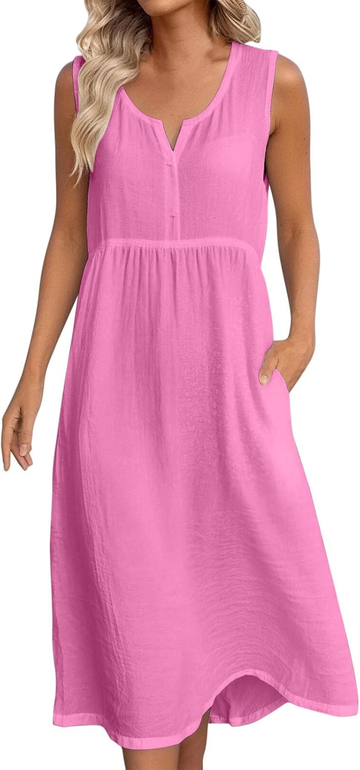 Anna Kleid Damen – Midi-Leinenkleid mit V-Ausschnitt, ärmellos, Taschen, fließender Schnitt, Sommer