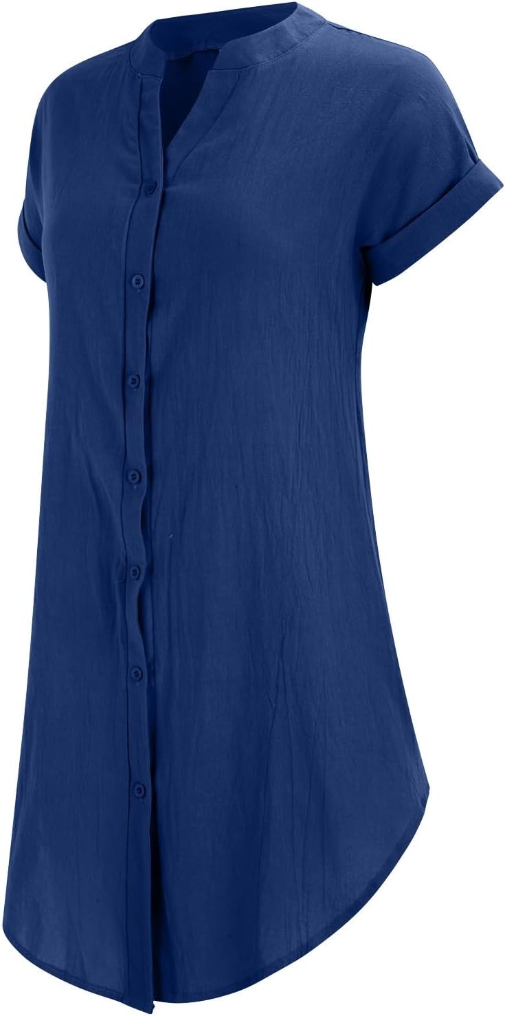 Rochie Sophie pentru femei – Rochie scurtă din in, cu decolteu în V, nasturi, mâneci scurte, croială fluidă, vară