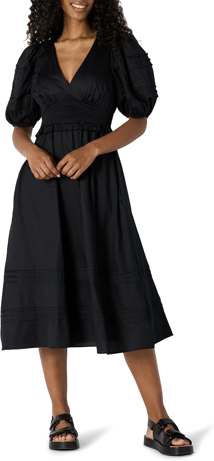 Sophie Midi Jurk Dames – Satijnen Katoenen Jurk Met V-Hals Pofmouwen Elegant