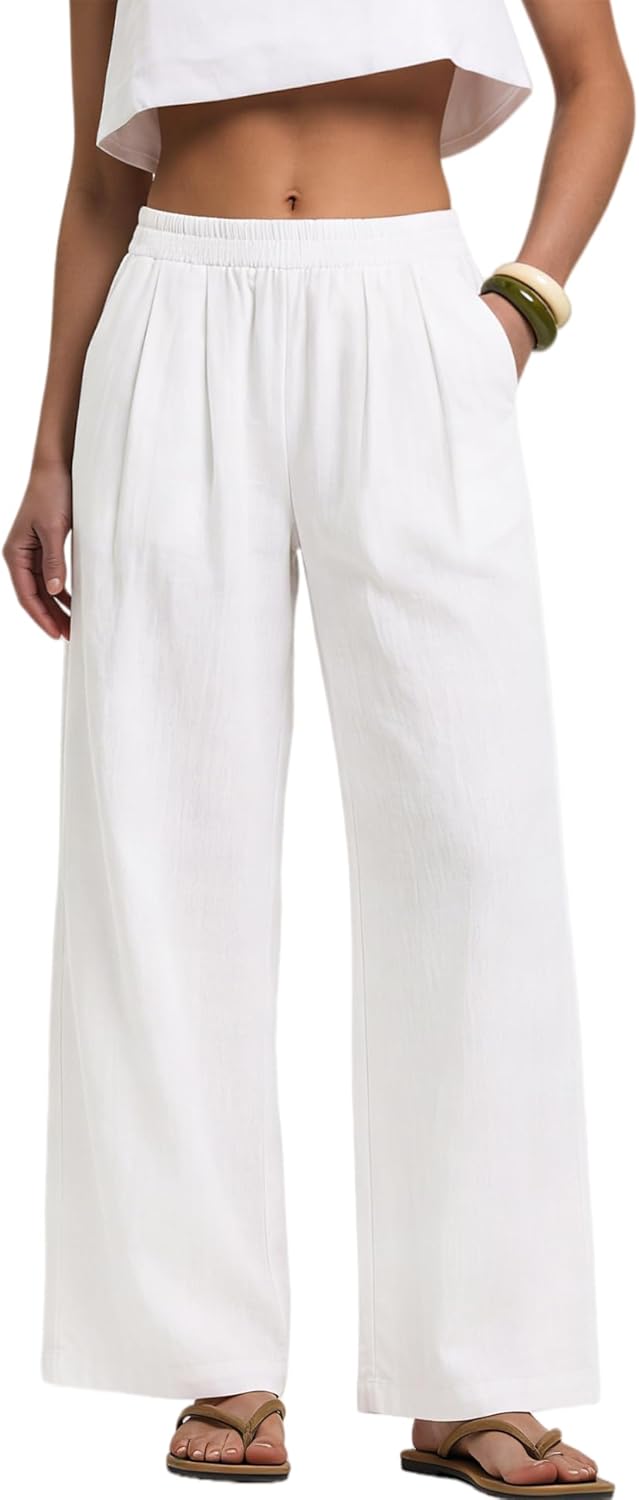 Edlyn Pantalón Mujer Lino Palazzo – Corte Amplio Fluido, Cintura Elástica Verano Chic