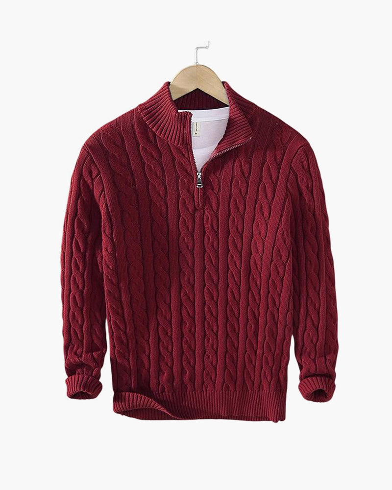 Sweter męski z półzamkiem z dzianiny warkoczowej – elegancki sweter z wysokim kołnierzem z mieszanki wełny w klasycznym stylu
