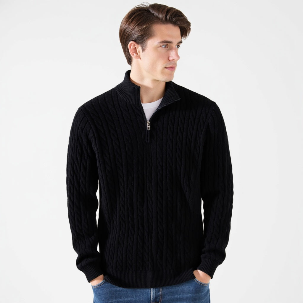 Sweter męski z półzamkiem z dzianiny warkoczowej – elegancki sweter z wysokim kołnierzem z mieszanki wełny w klasycznym stylu