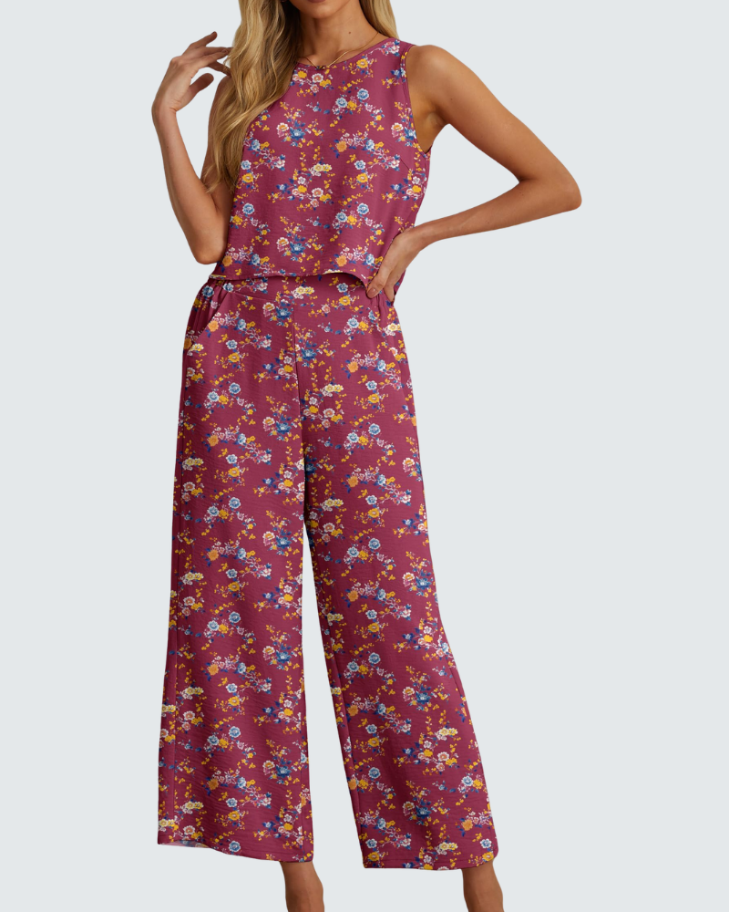 Velly Women's Summer Set – Sleeveless Top & High-Waisted Wide-Leg Pants