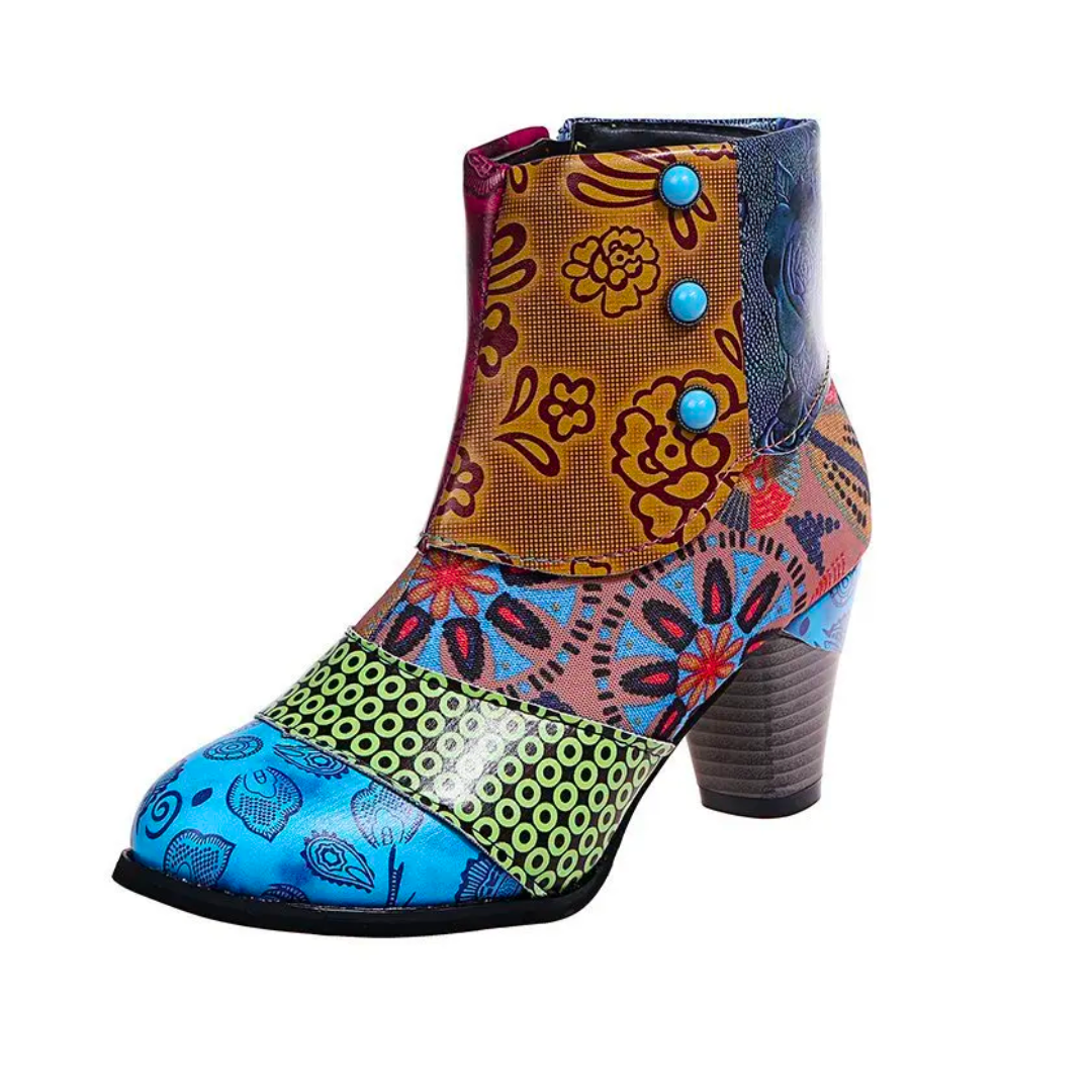 Women's Rain Boots Lauren - Retro Waterproof Boots with High Heel and Ethnic Pattern for Autumn