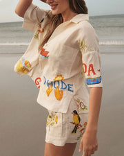 Set di lino femminile Stella - coordinato estivo con stampa tropicale, camicia leggera e pantaloncini confortevoli