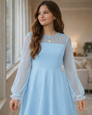 Aishi Mädchenkleid – Lange Mesh-Ärmel, A-Linien Schnitt & Hohe Taille mit Taschen