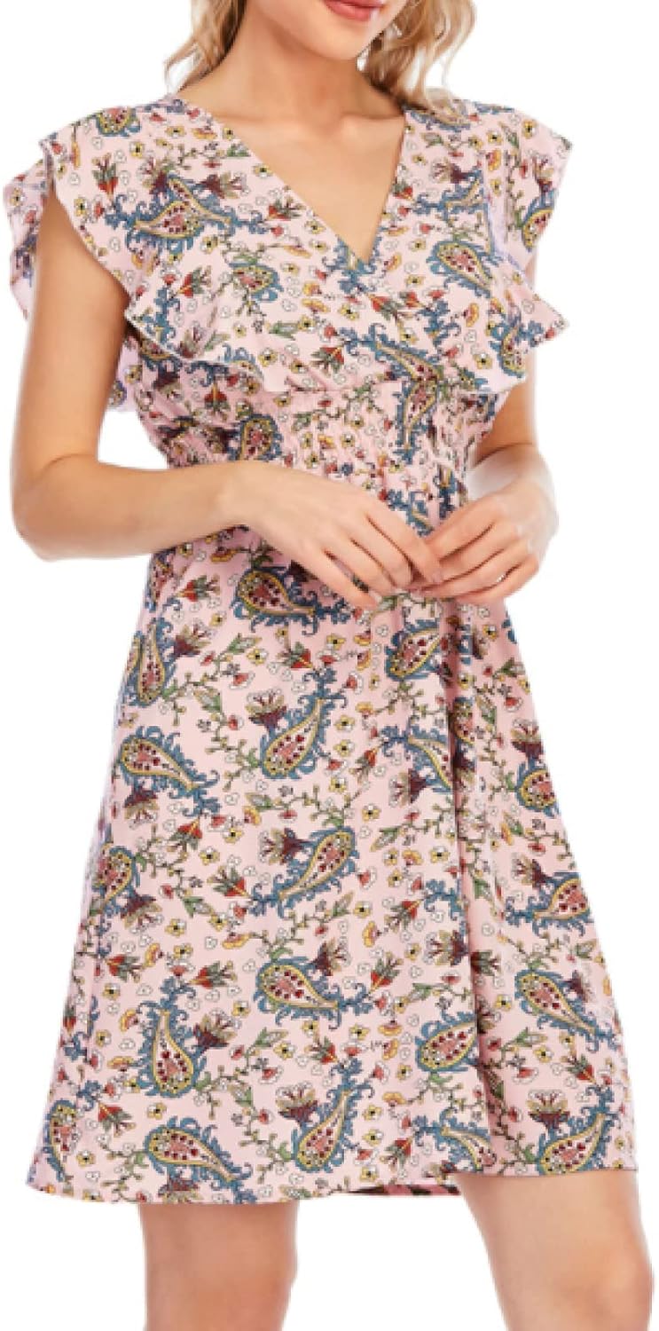 Chloé Vestido Mini para Mujer – Vestido de Gasa Floral con Escote en V, Volantes y Sin Mangas Rosa