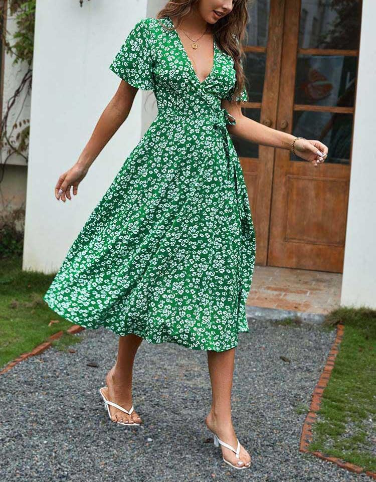 Vestito Midi Emma Donna – Vestito Floreale Scollo a V Incrociato Vita Alta Estate
