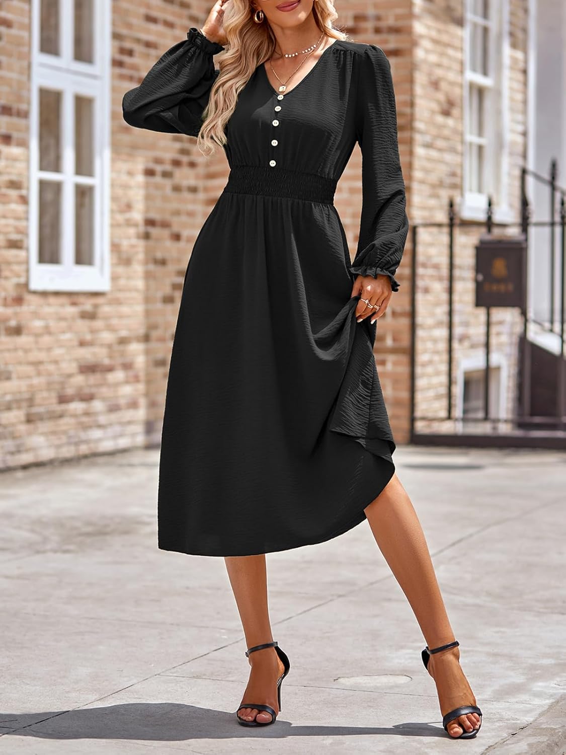 Vestido Emma para mujer midi – vestido elegante con cuello en V, mangas largas, talle alto y corte en línea A