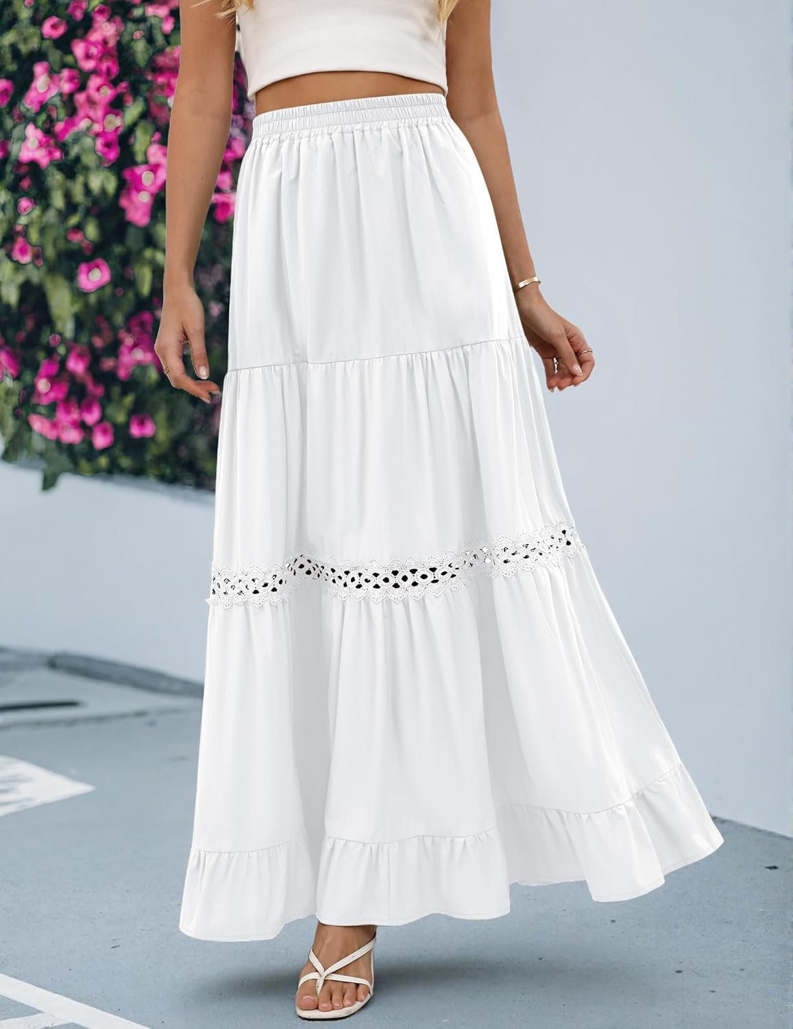 Edith Jupe Maxi Damen – Boho-Rock aus Baumwolle, Häkelspitze & Volants