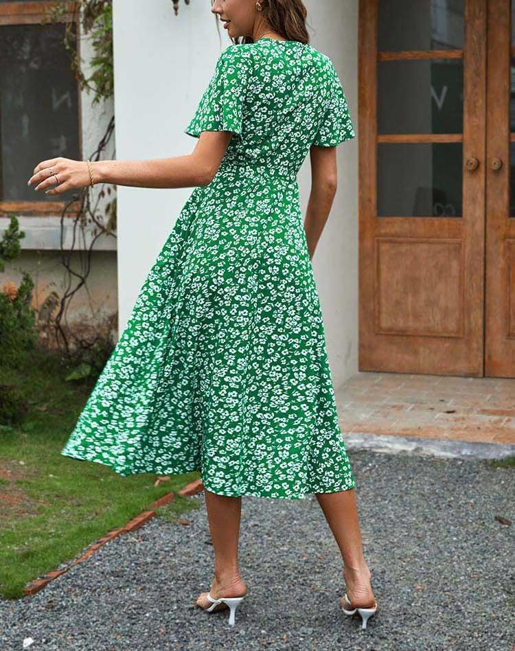 Vestito Midi Emma Donna – Vestito Floreale Scollo a V Incrociato Vita Alta Estate