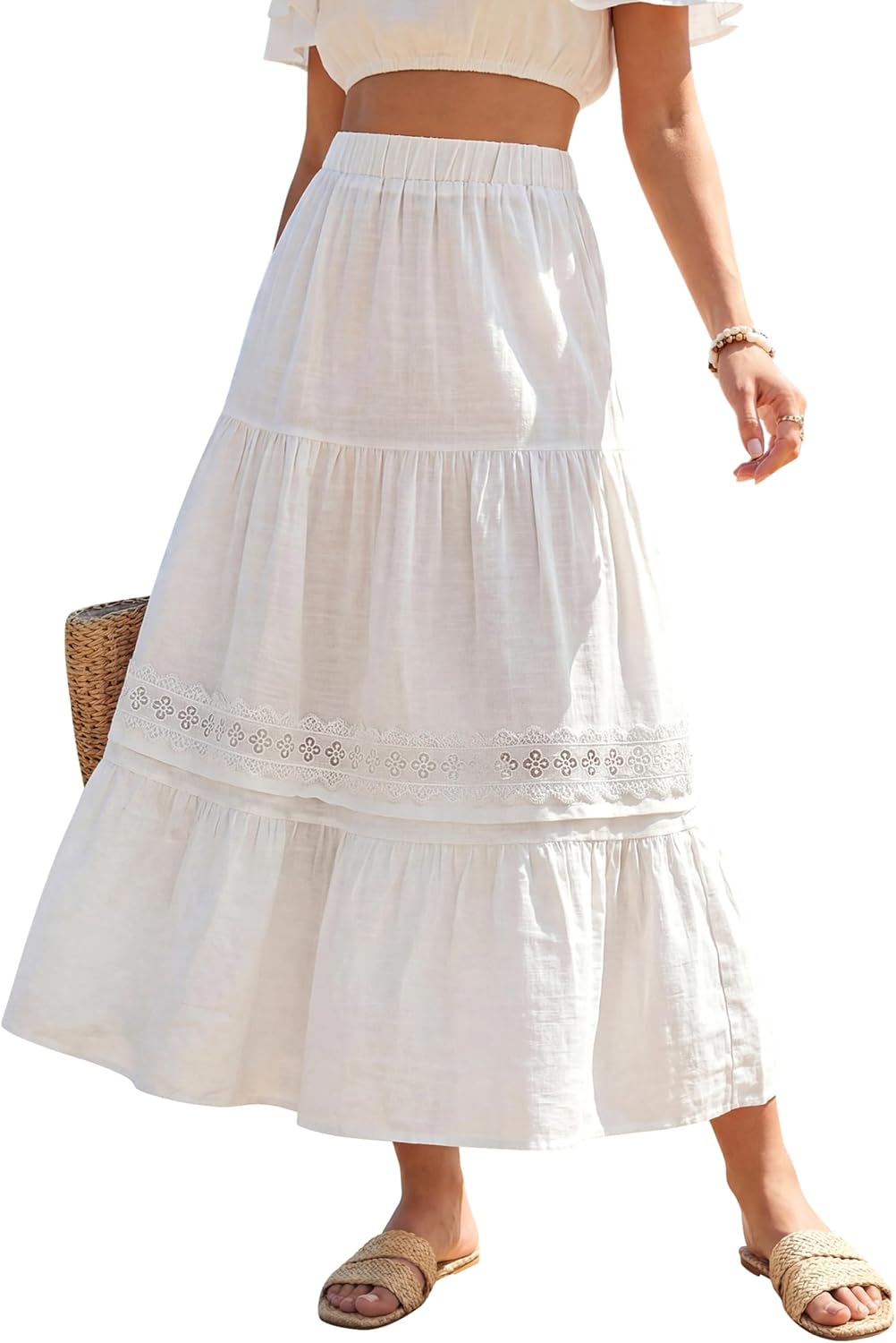 Falda Jelly Jupe Maxi Mujer – Falda Bohemia de Cintura Alta, Fluida y con Encaje para Verano