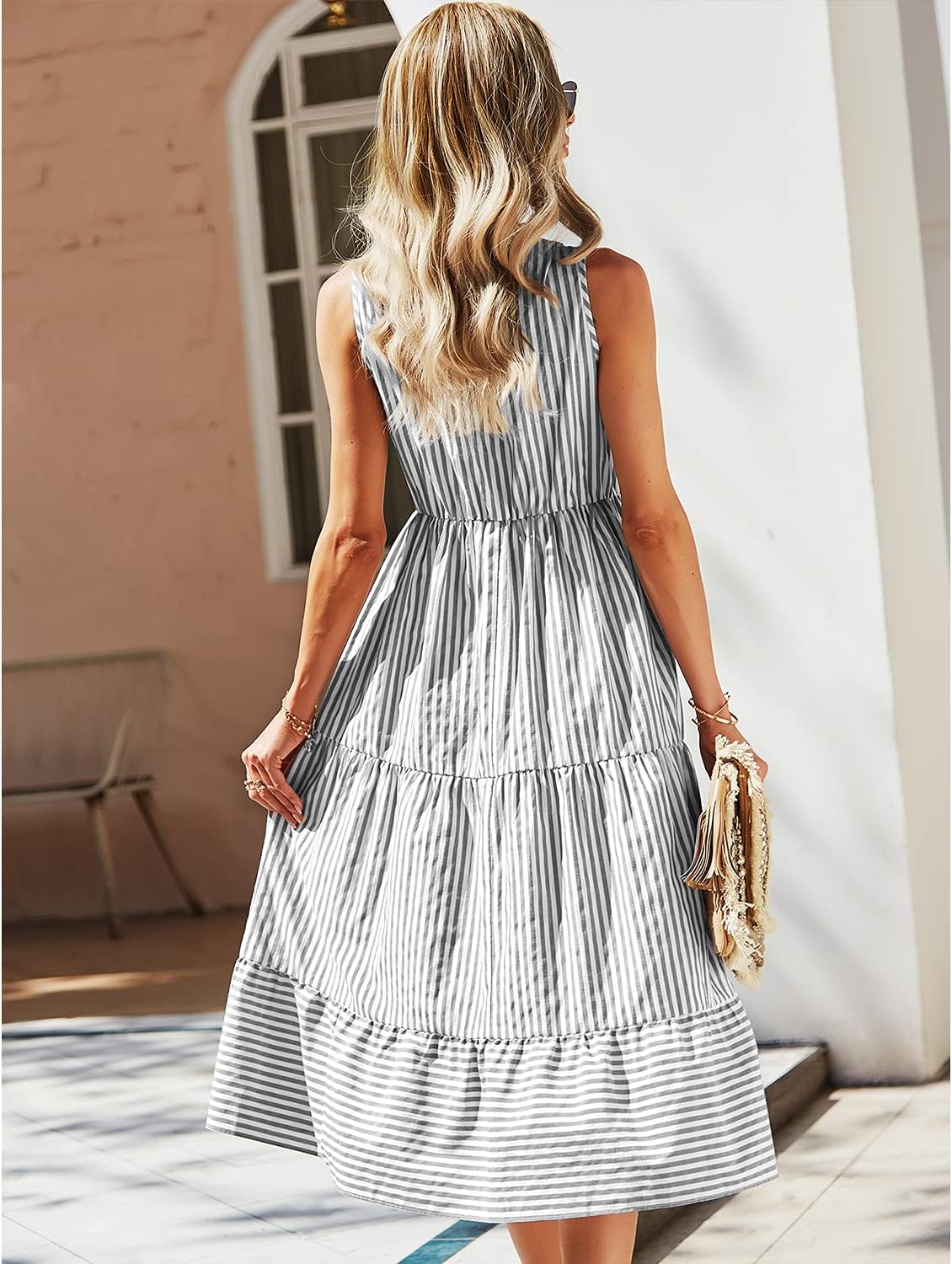 Claire Vestido Camisón Midi Mujer – Vestido a Rayas Sin Mangas Cuello en V con Botones Elegante