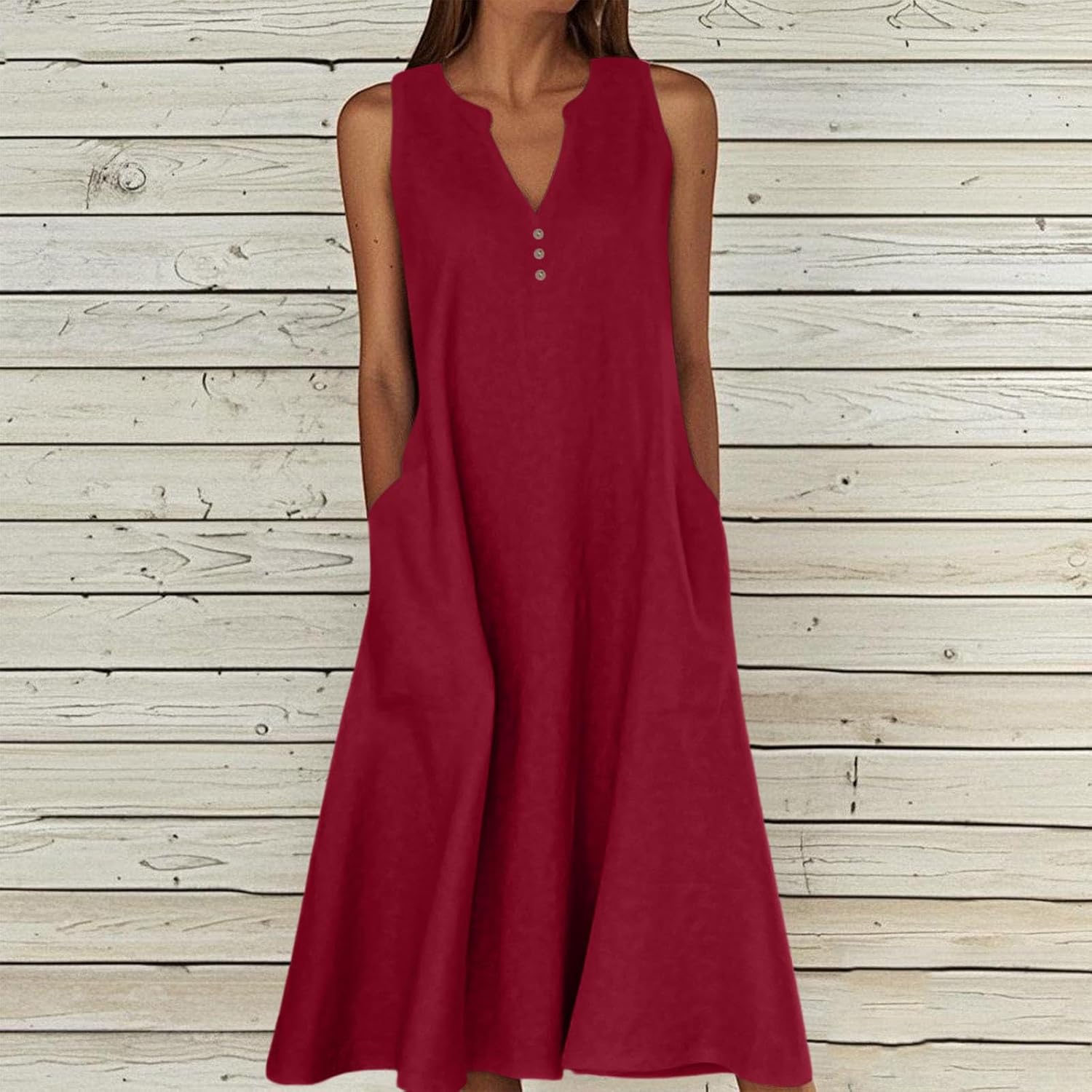 Camille Abito Donna – Abito Maxi Lino Scollo a V Senza Maniche Con Bottoni Tasche Estate