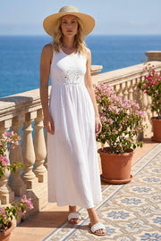 Vestido Midi Claire para Mulher – Vestido de Verão em Algodão com Renda, Gola Redonda, Elegante e Confortável