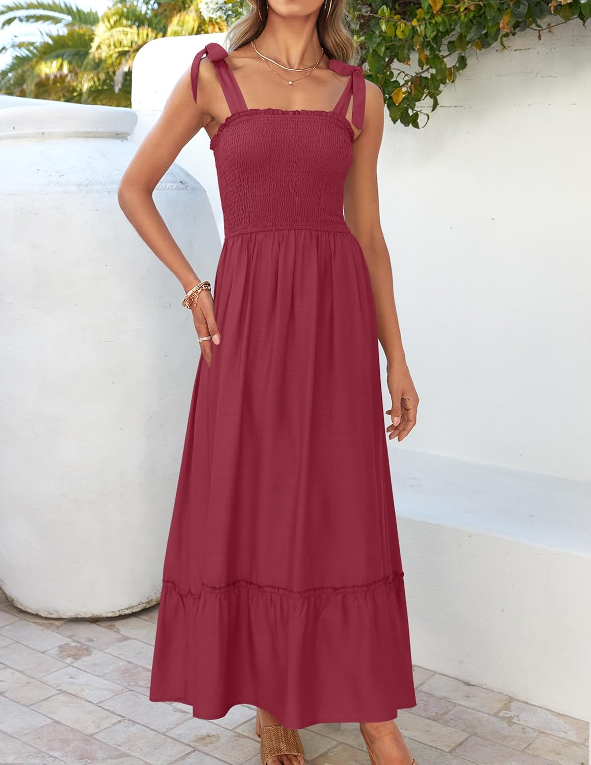 Léa Maxikleid Boho Damen – Elegantes langes Sommerkleid mit quadratischem Ausschnitt, Trägern und Volants