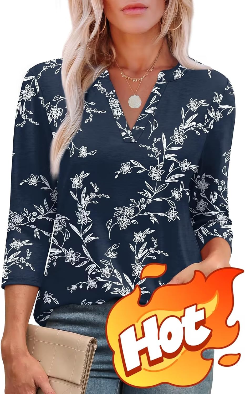 Bluza Lina pentru femei – Top cu mâneci 3/4, decolteu în V, tunică elegantă și fluidă