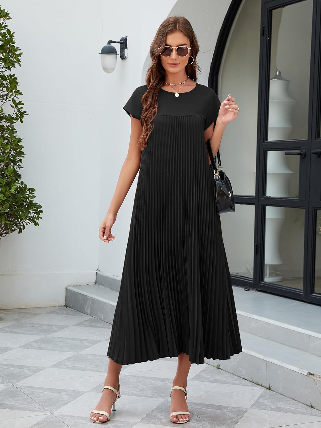 Rochie lungă Ginny pentru femei – plisată, decolteu rotund și buzunare, croială fluidă elegantă de vară