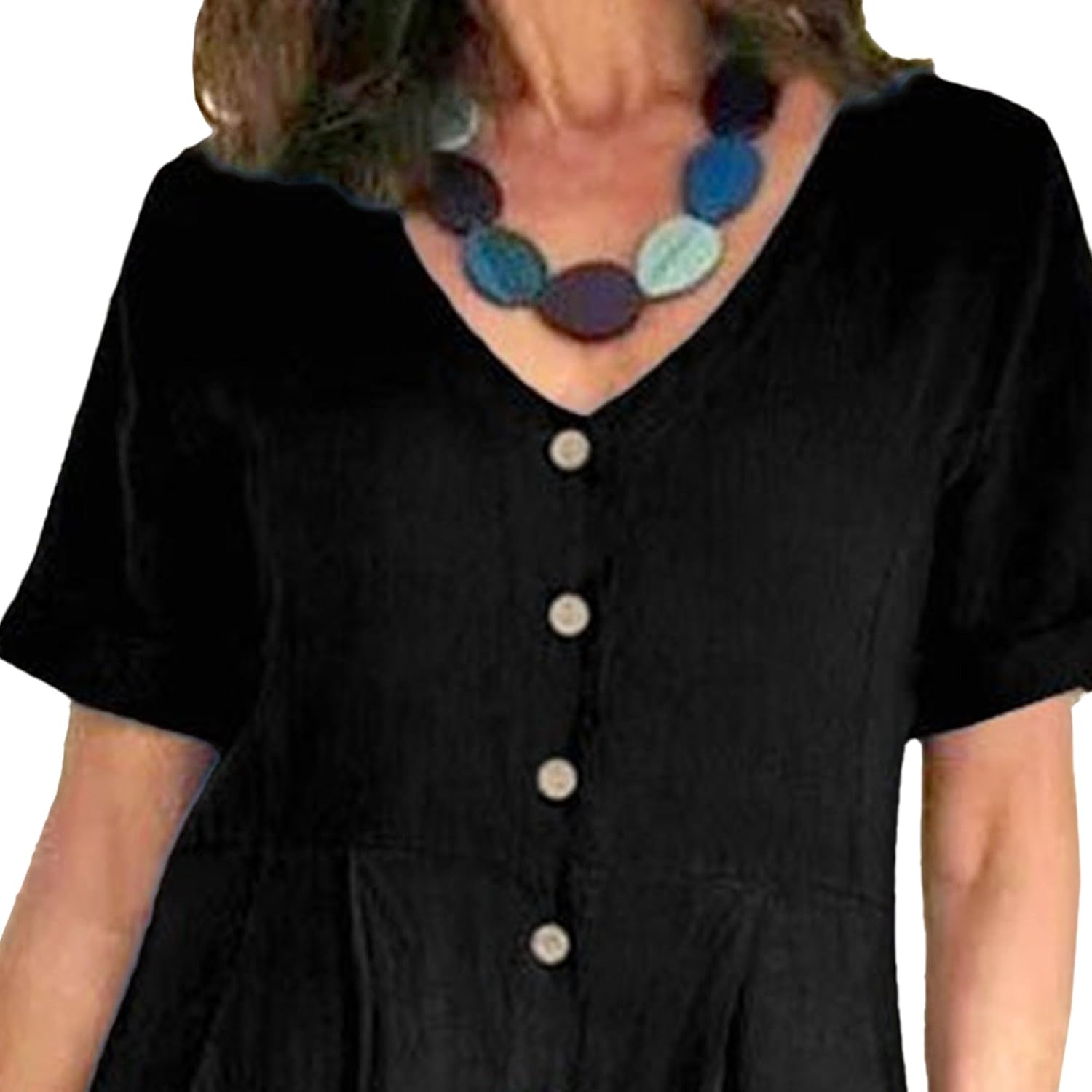 Vestido largo de lino para mujer Glaiza – Cuello en V, abotonado, mangas cortas, talla grande, verano
