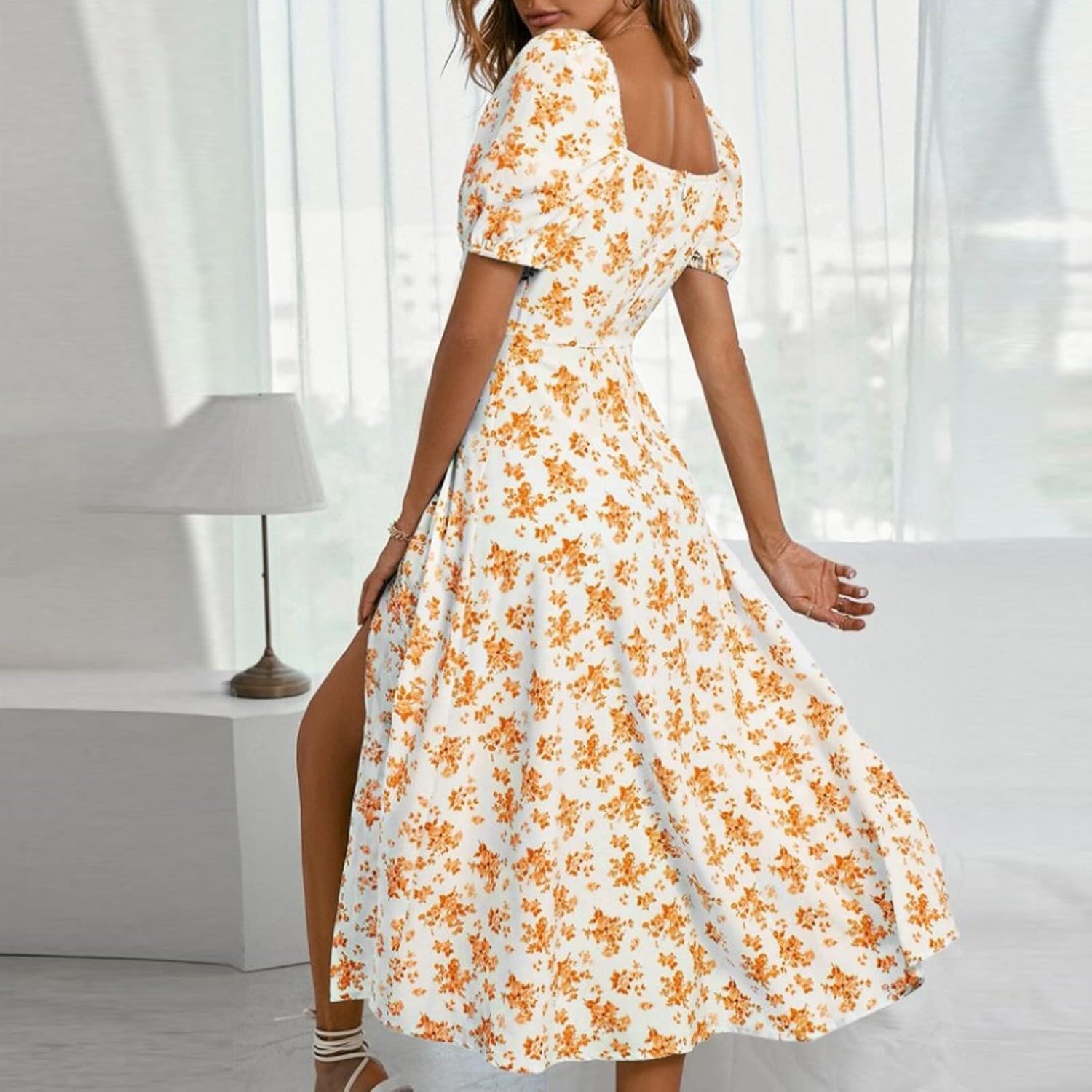 Vestido largo bohemio Sophie para mujer – vestido fluido con flores, cuello cuadrado y mangas cortas
