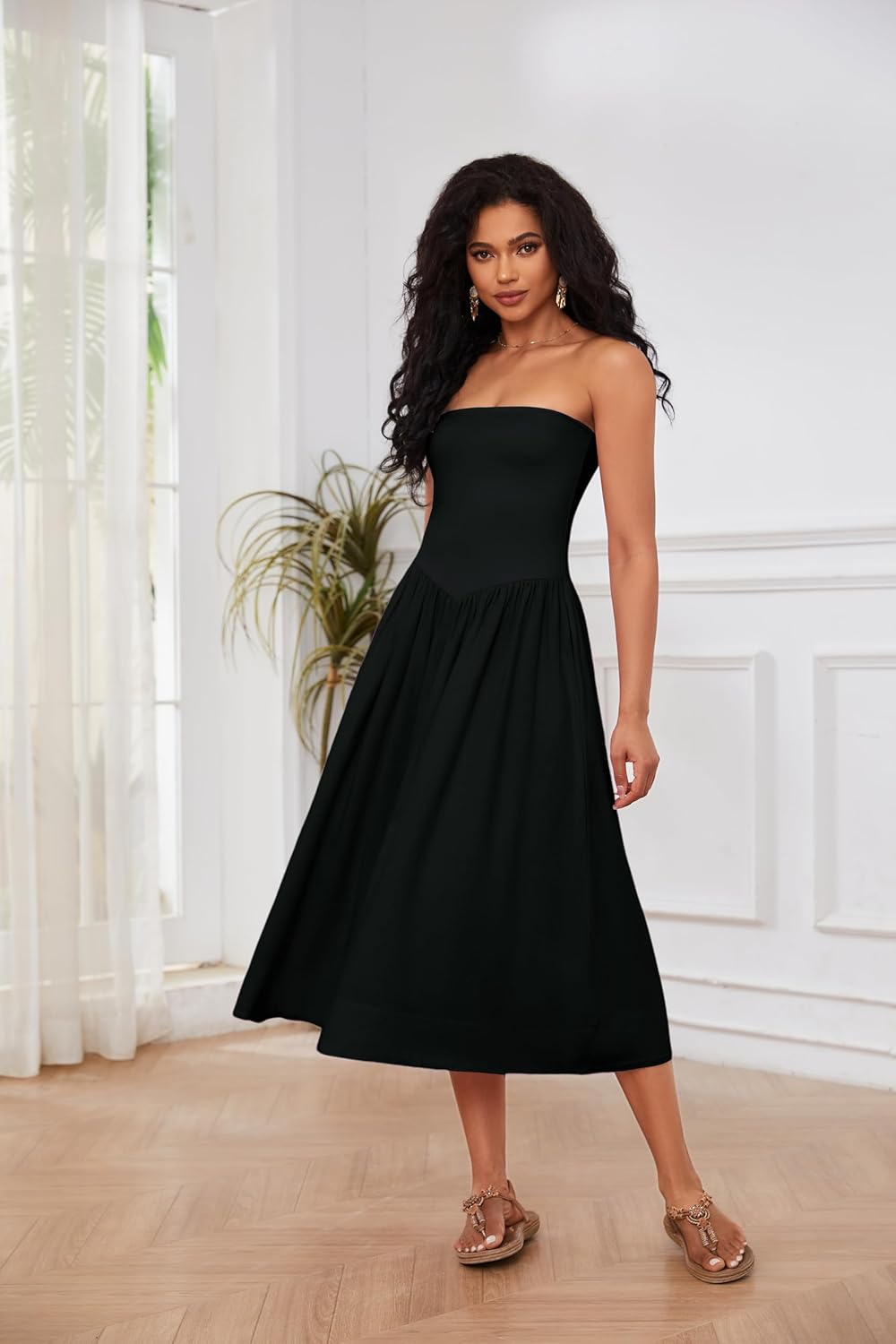 Lina Midi Dress for Women – Sleeveless Strapless Dress with Low Waist A-Line Chic Summer