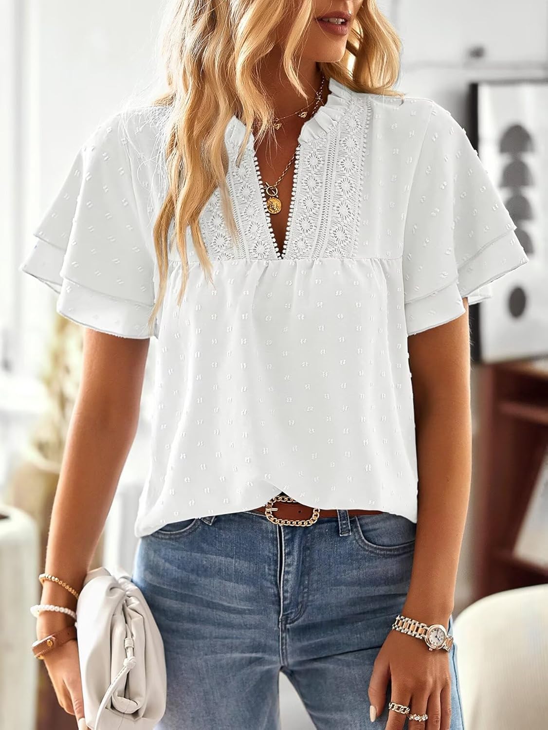 Sofia Haut Donna Estate – Blusa Boho Chic con Scollo a V in Pizzo Crochet e Maniche Corte