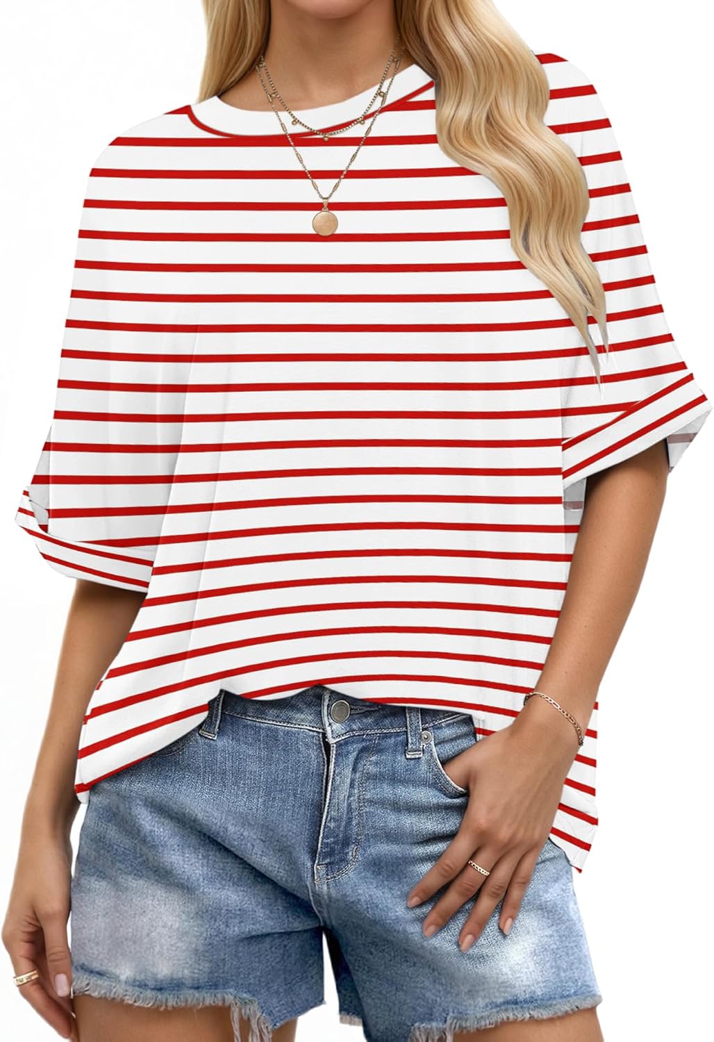 Josefina T-Shirt Damen Oversize – Rundhals, Aufgekrempelte Ärmel, Fließendes Top Sommer