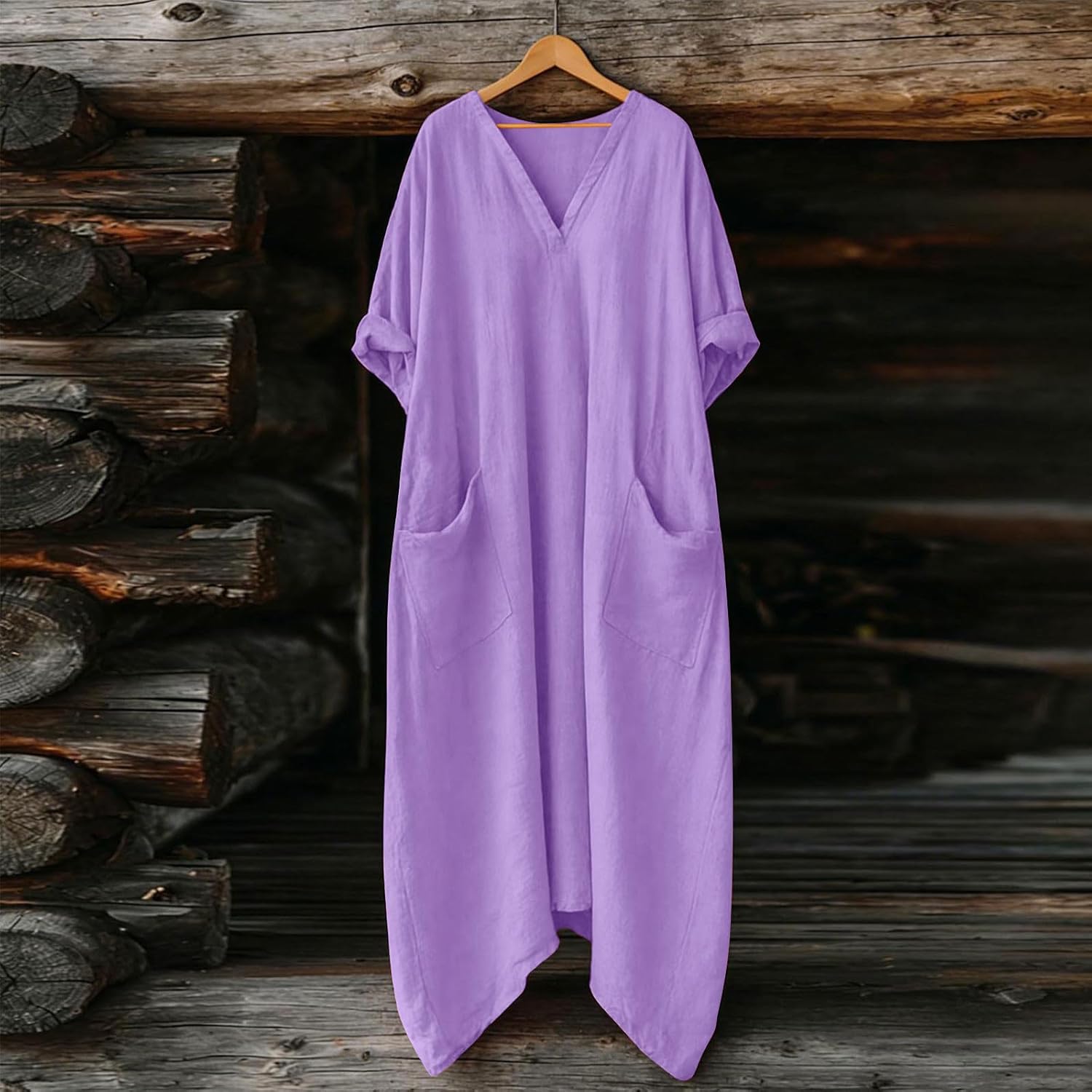 Mila Kleid Damen – Maxikleid Leinen V-Ausschnitt 3/4-Arm A-Linien-Schnitt Oversize Sommer