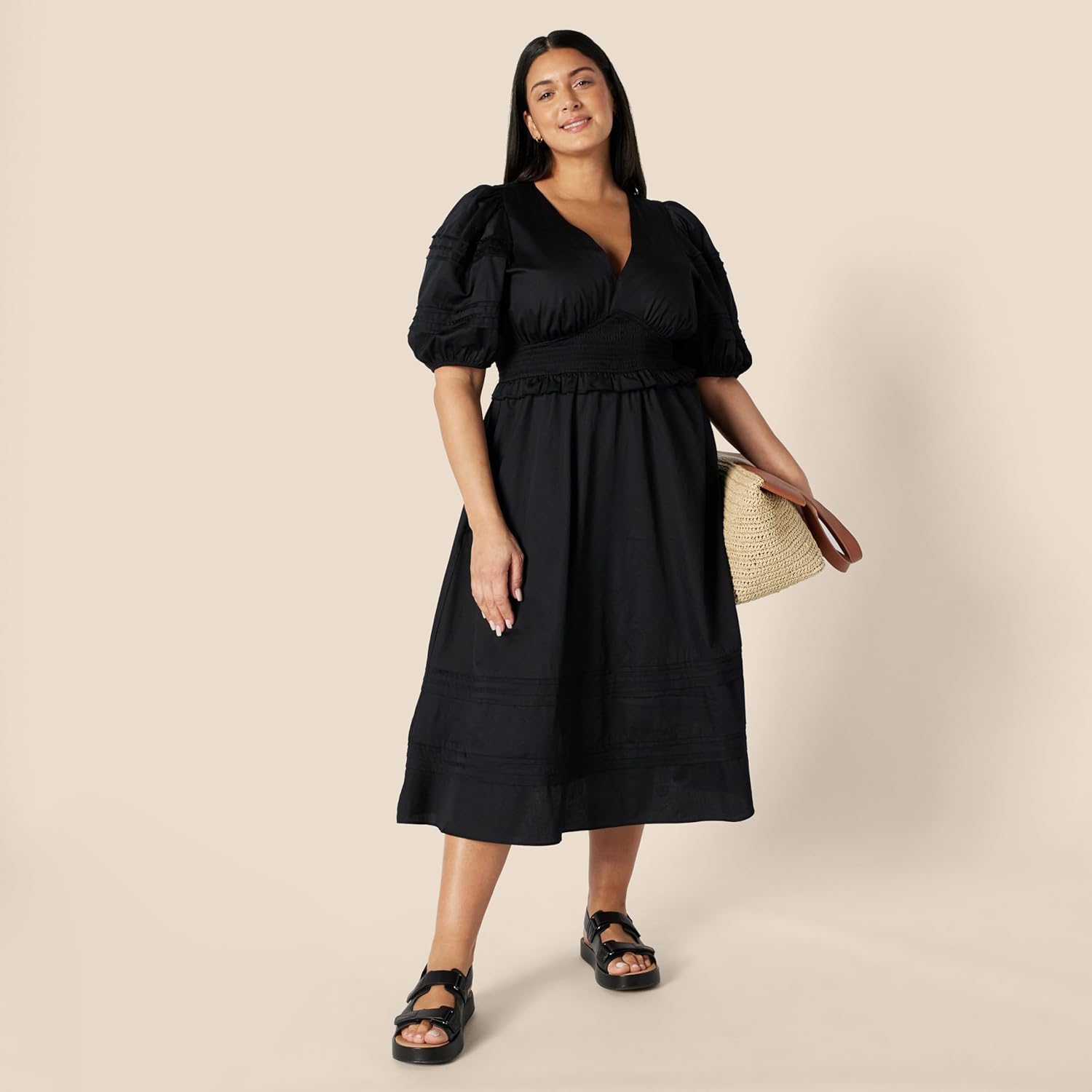 Sophie Midi Jurk Dames – Satijnen Katoenen Jurk Met V-Hals Pofmouwen Elegant