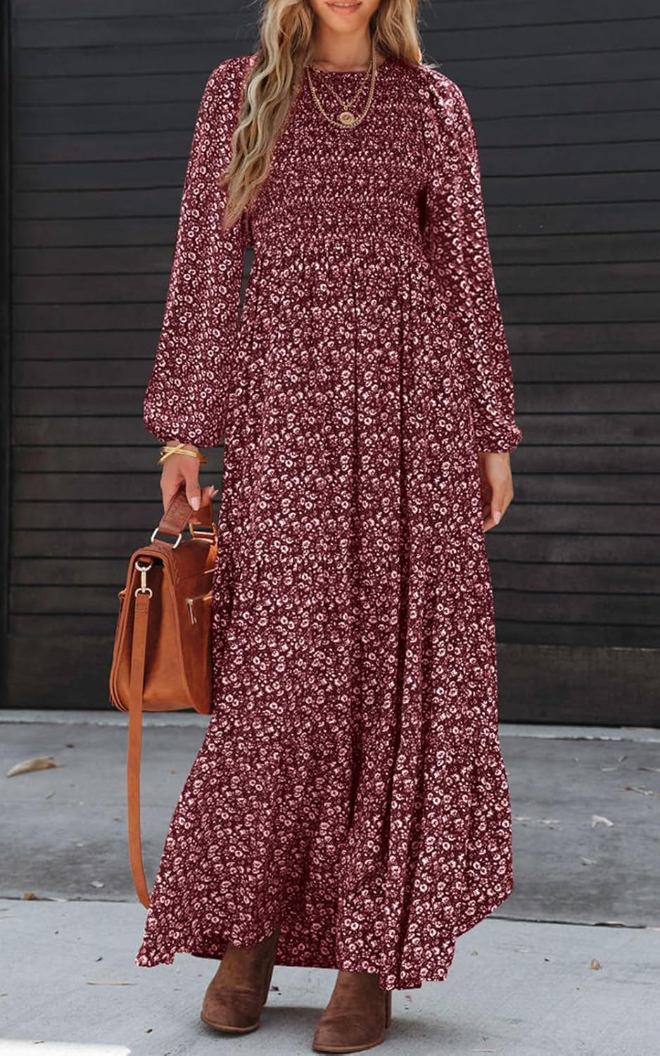 Sophie Women's Maxi Dress – Floral Smocked Dress with Long Sleeves, Elegant Bohemian Style