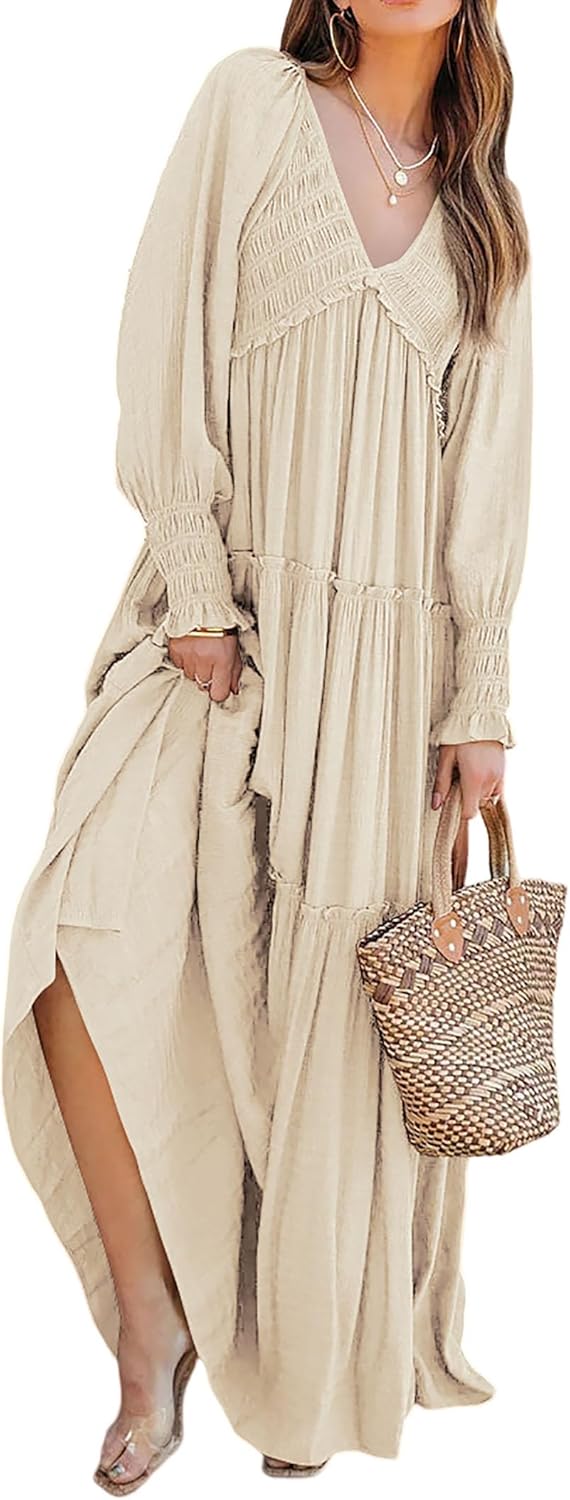 Vestido Maxi Eva para Mulher – Vestido Boémio com Decote em V, Mangas Compridas com Franzidos e Folhos