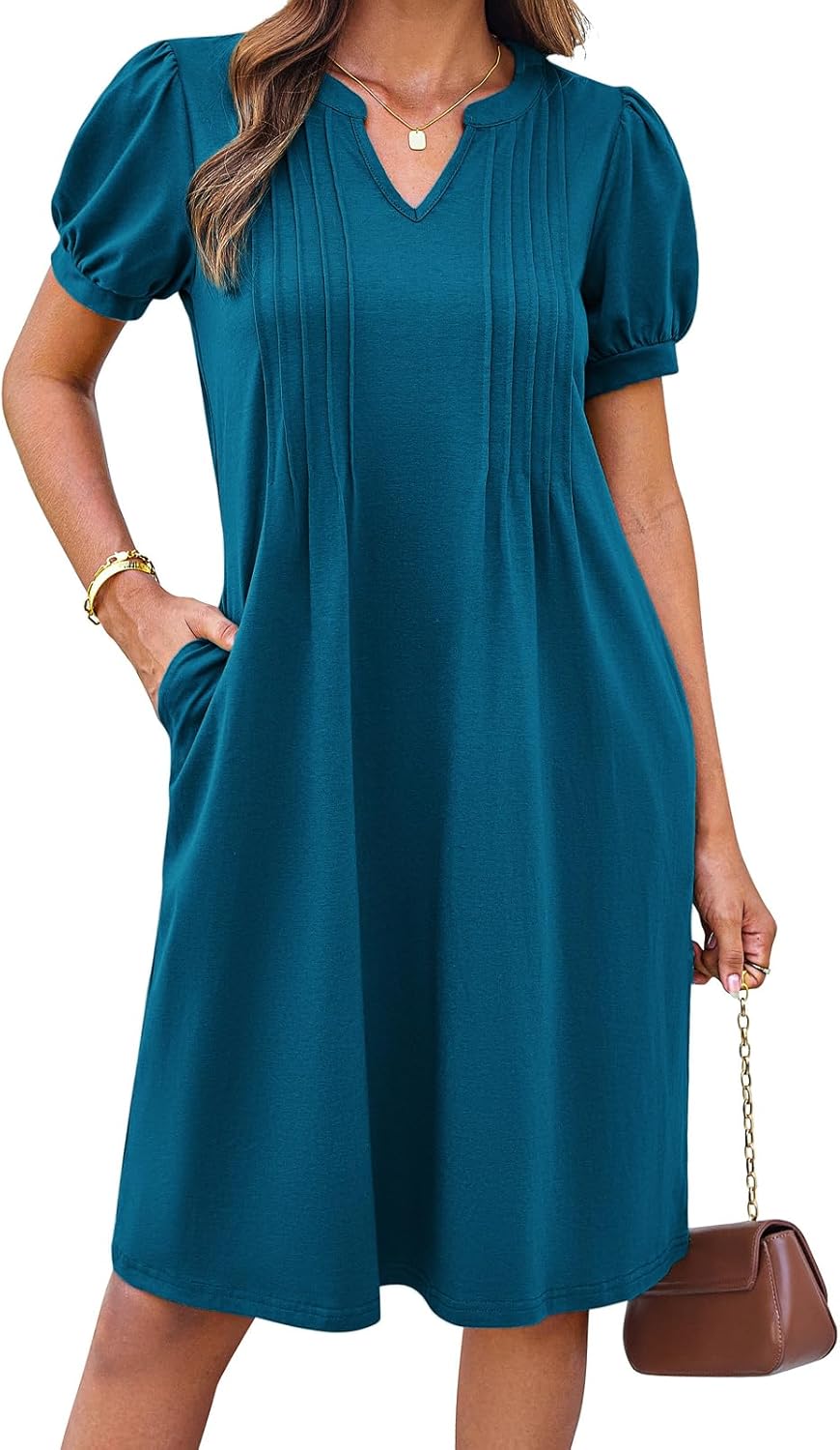 Rochie midi Camille tip A-line – Rochie elegantă din bumbac cu guler Henley și buzunare pentru femei