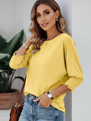 Fresia Bluse Dame Rund Hals – Top med 3/4 Ærmer med Rynker Elegant Flydende Pasform