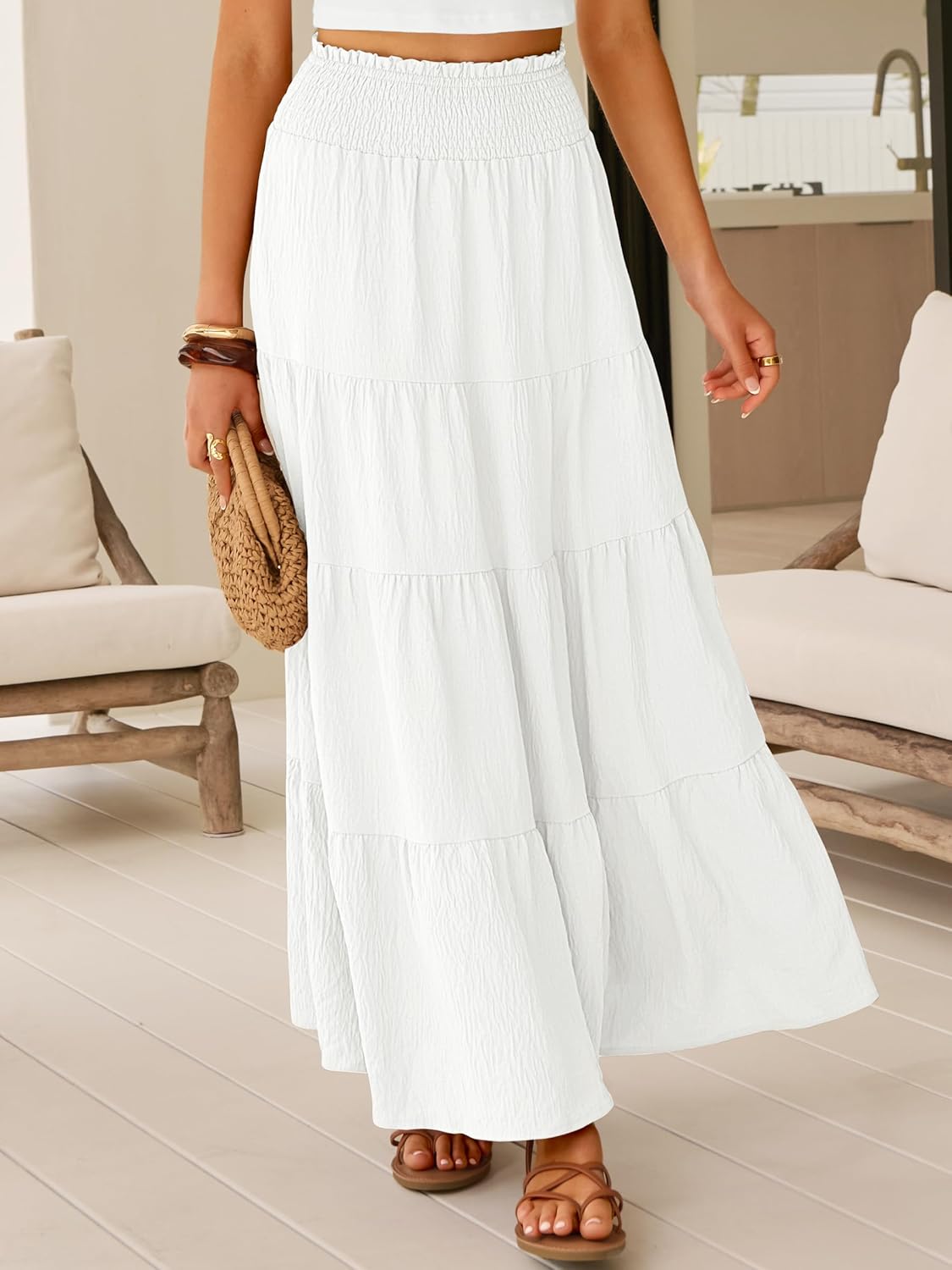 Juna Maxi Skirt for Women – Bohemian High-Waisted Smocked Skirt with Ruffles Summer
