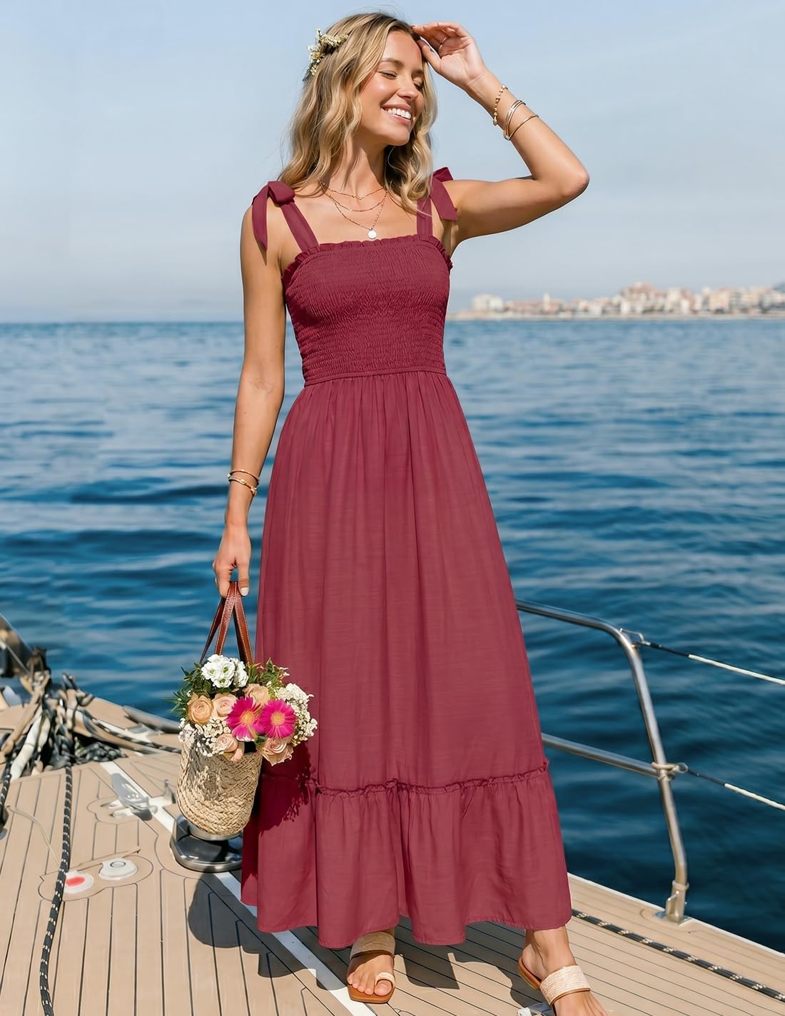 Léa Maxikleid Boho Damen – Elegantes langes Sommerkleid mit quadratischem Ausschnitt, Trägern und Volants