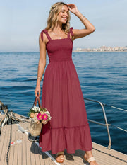 Léa Maxikleid Boho Damen – Elegantes langes Sommerkleid mit quadratischem Ausschnitt, Trägern und Volants