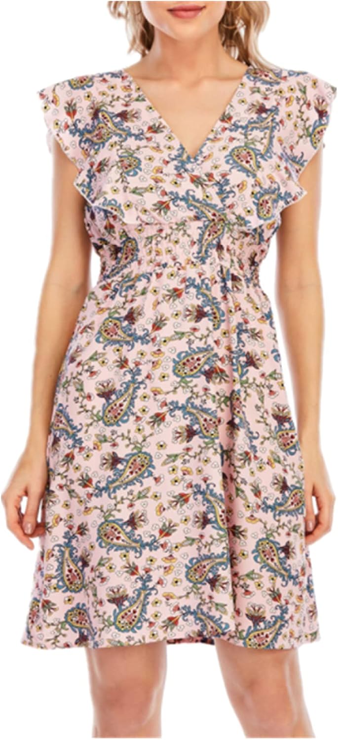 Chloé Vestido Mini para Mujer – Vestido de Gasa Floral con Escote en V, Volantes y Sin Mangas Rosa